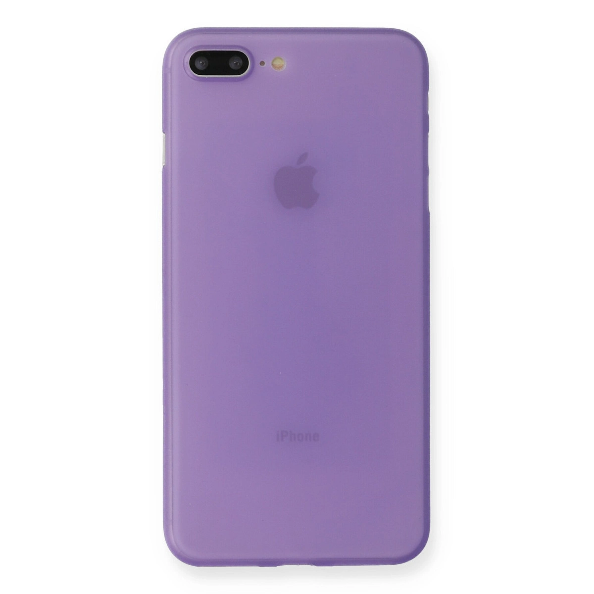 Apple logosu ve çift kamerası olan mor iPhone kılıfı.