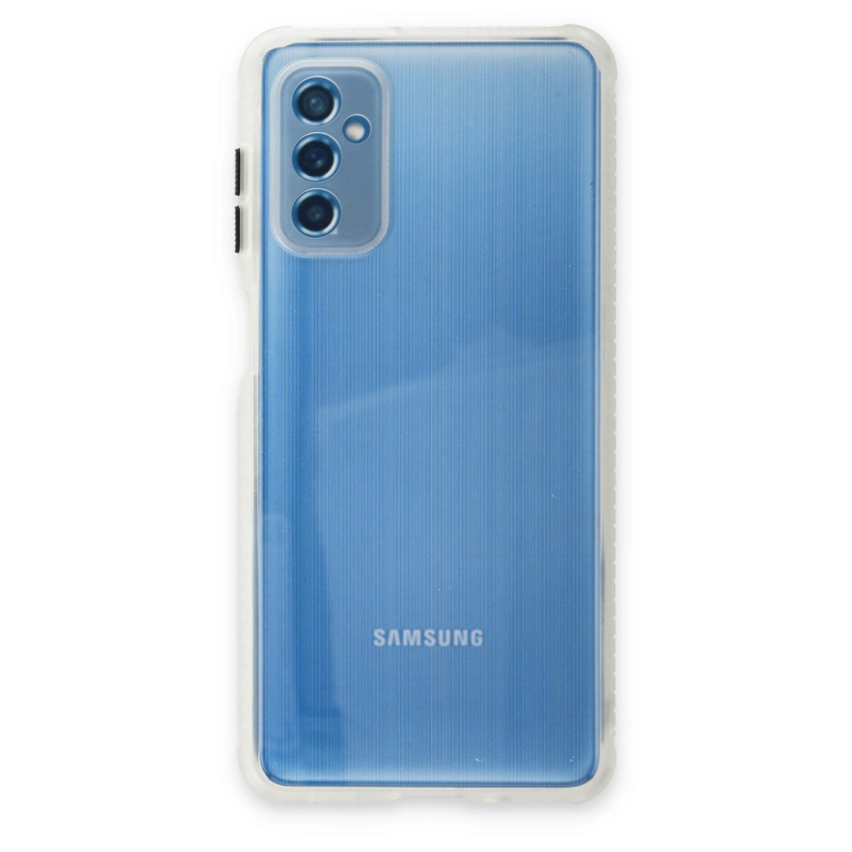 Beyaz zeminde şeffaf kılıflı mavi Samsung akıllı telefon.