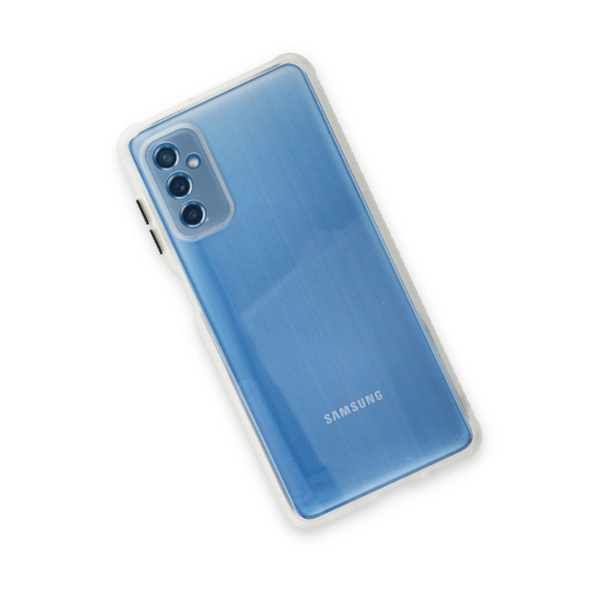 Şeffaf kılıflı mavi Samsung telefon, arka kamera dizilimi.