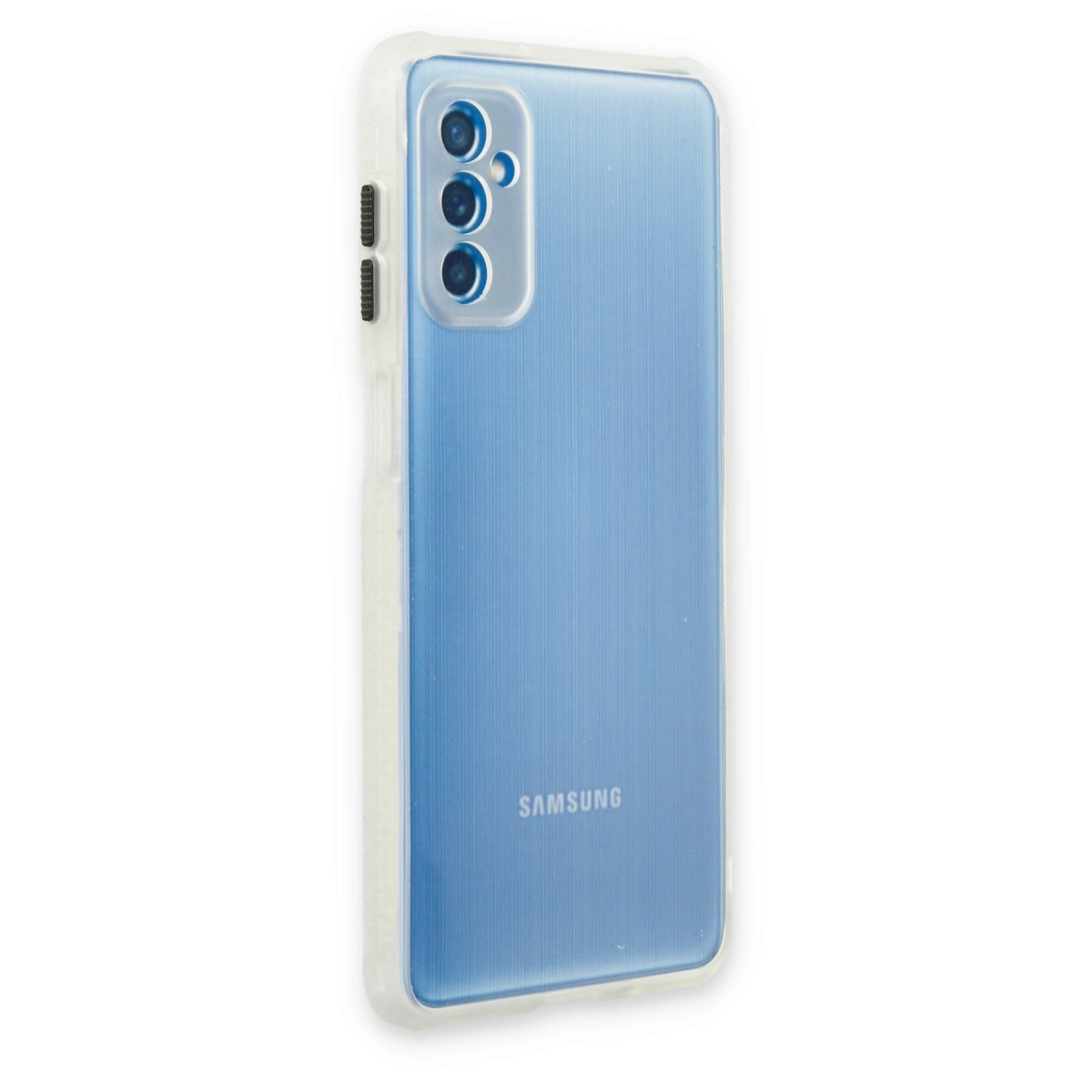 Şeffaf kılıfta mavi bir Samsung telefon, arkasında üç kamera görünüyor.