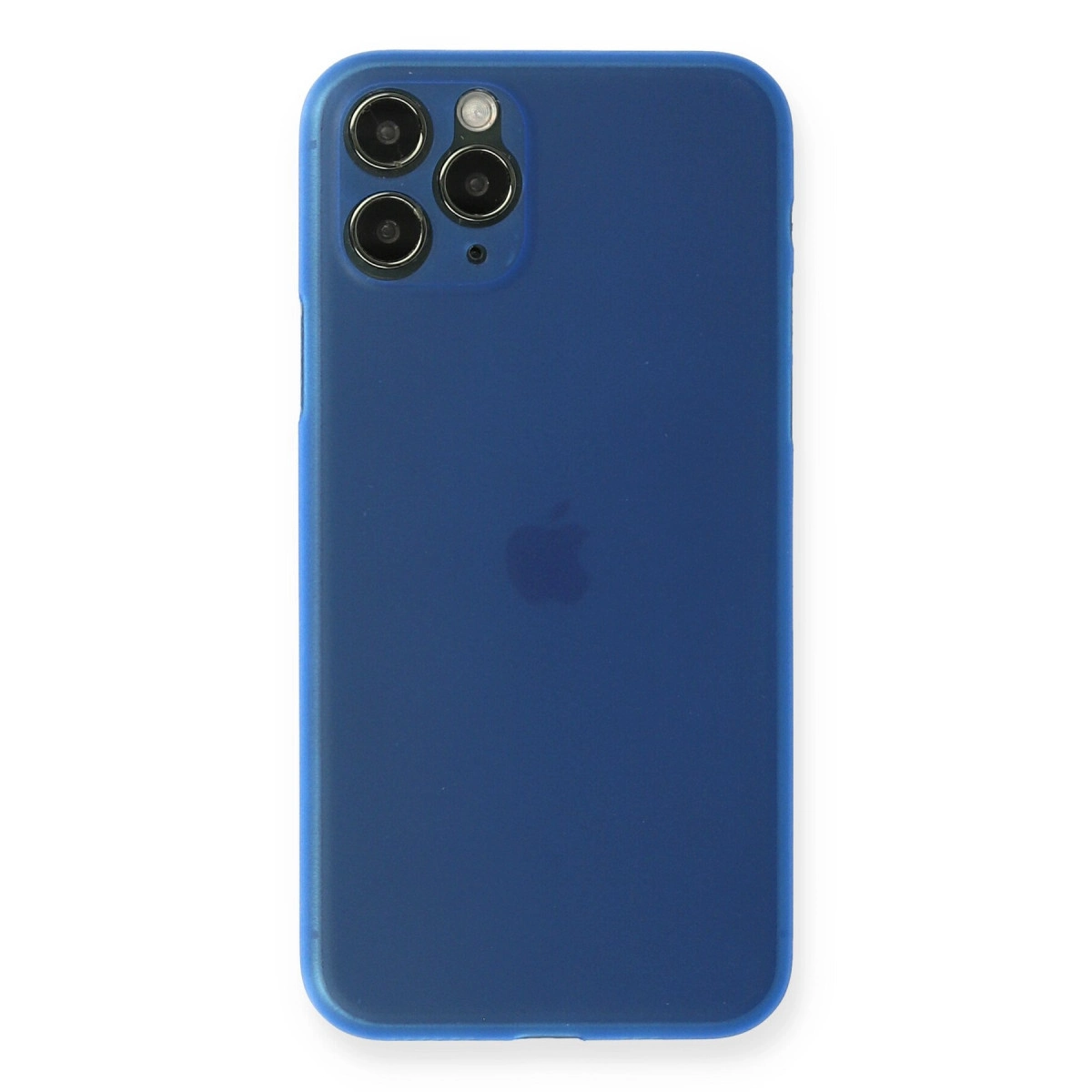 Üç kameralı mavi iPhone'un arkası ve Apple logosu.