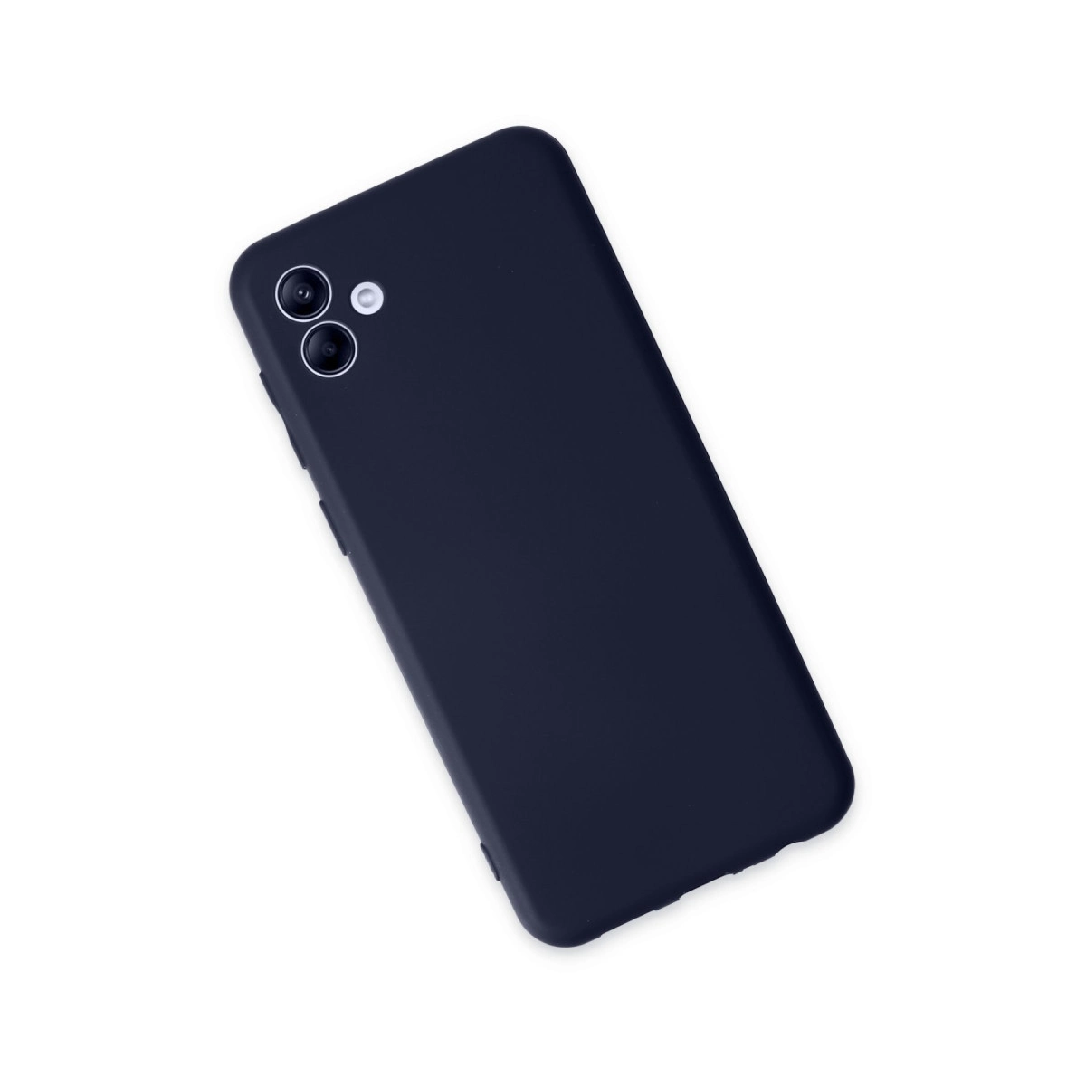 Beyaz arka plan üzerinde iki kamera ve flaşlı koyu mavi telefon.
