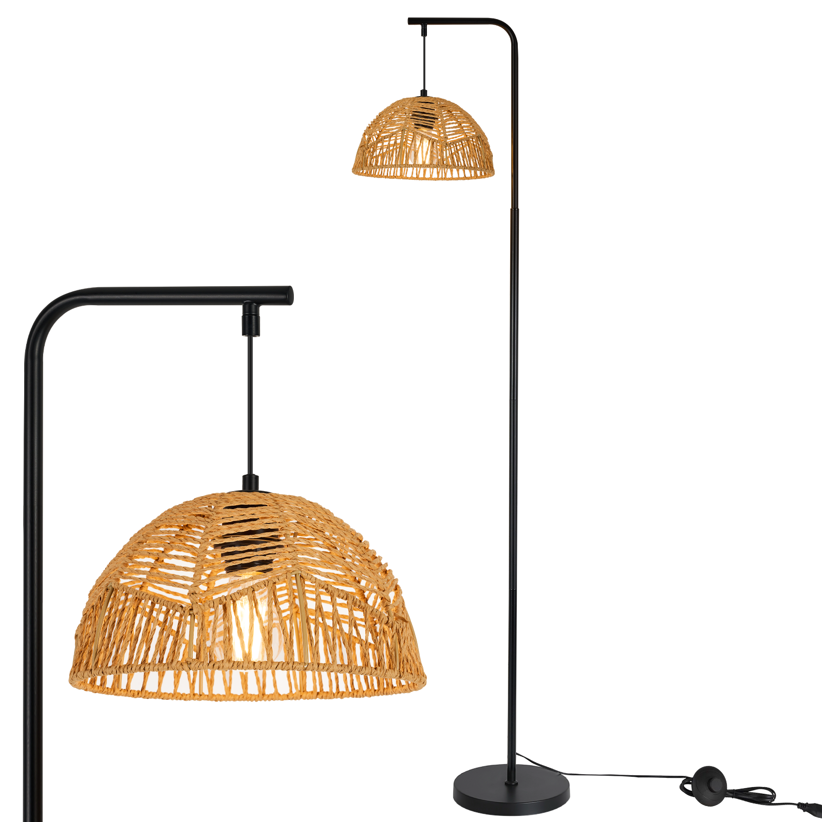 Lampada da terra nera con base rotonda e paralume intrecciato.
