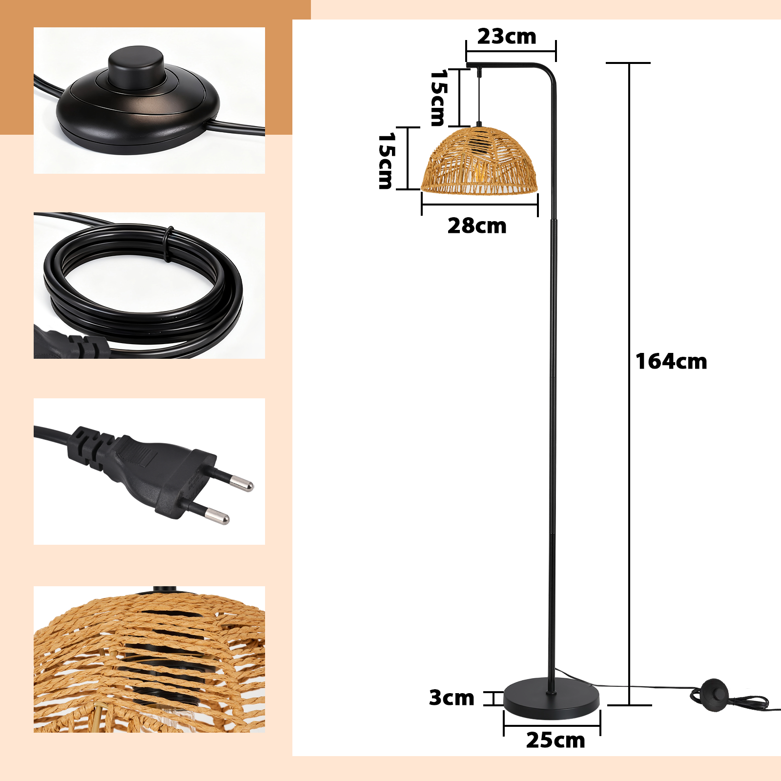 Design di lampada da terra con paralume intrecciato, dimensioni e accessori.