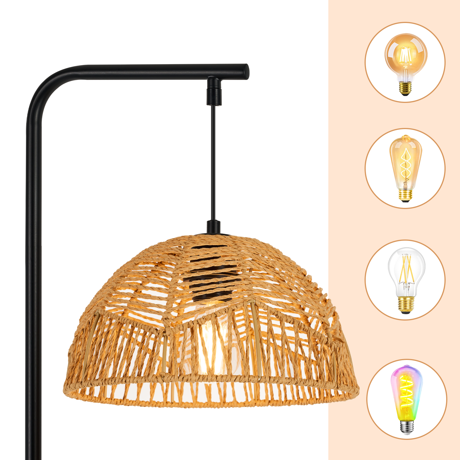 Lampada a sospensione con paralume intrecciato, accanto quattro lampadine.