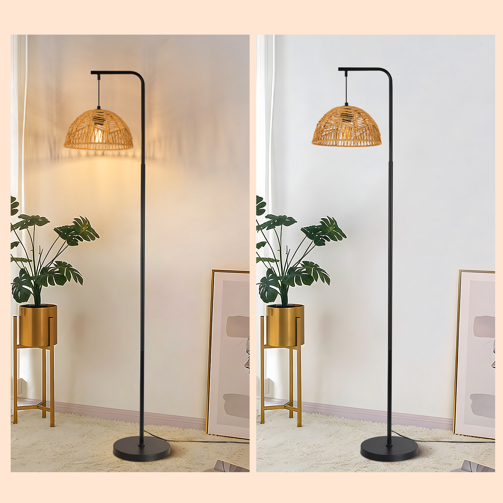 Una lampada da terra con paralume intrecciato si trova accanto a una pianta.