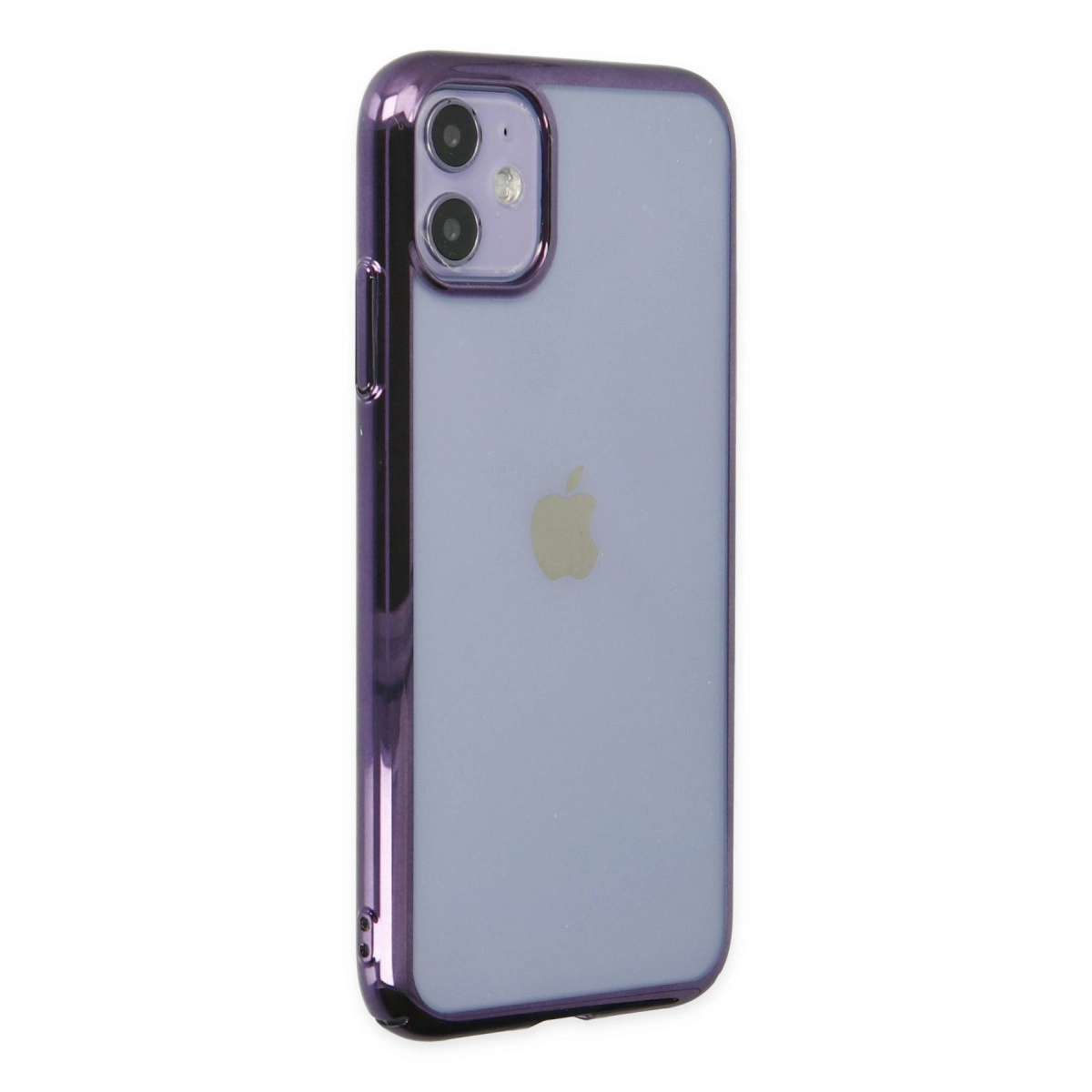 Çift kameralı ve Apple logolu mor iPhone kılıfı.