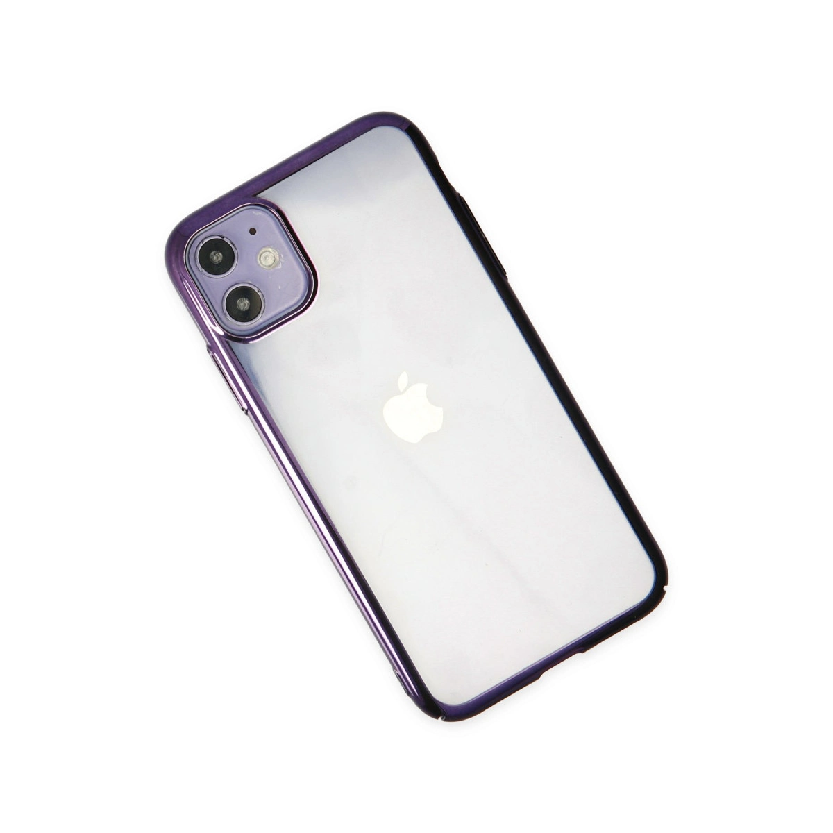 Apple logosu ve şeffaf arka plana sahip mor iPhone kılıfı.