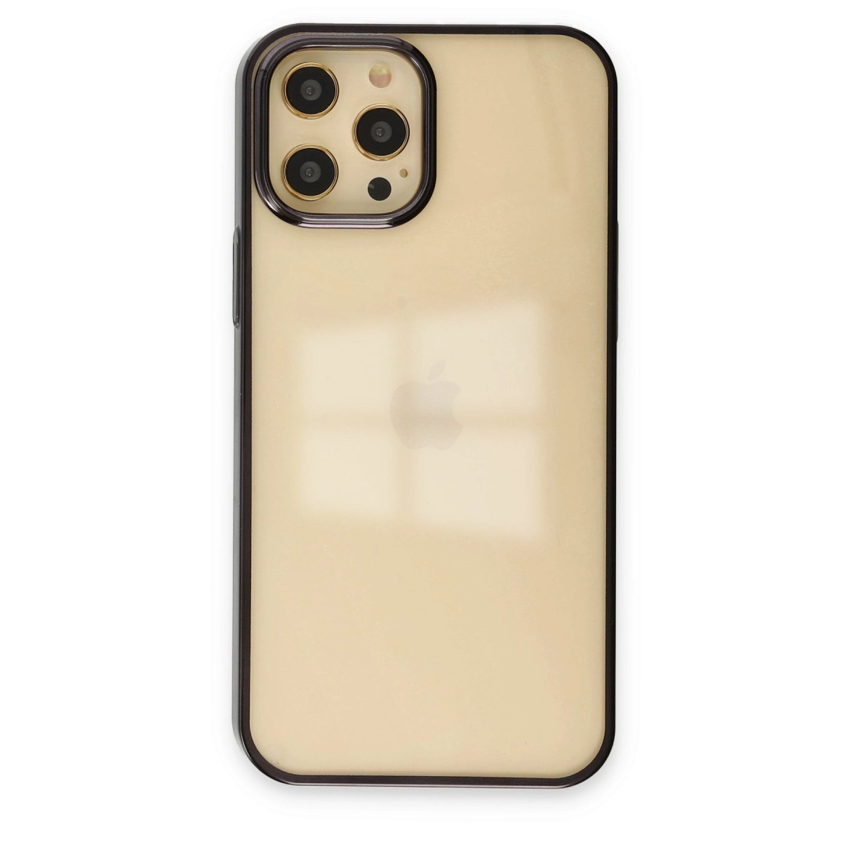 Siyah kenarlı, üç kameralı altın rengi iPhone kılıfı.
