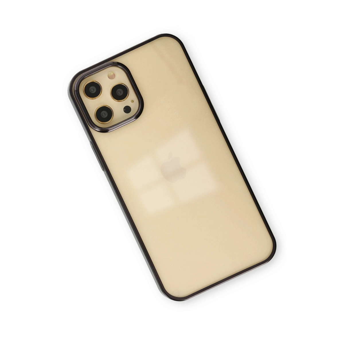 Üç kameralı altın iPhone arkası ve Apple logosu.