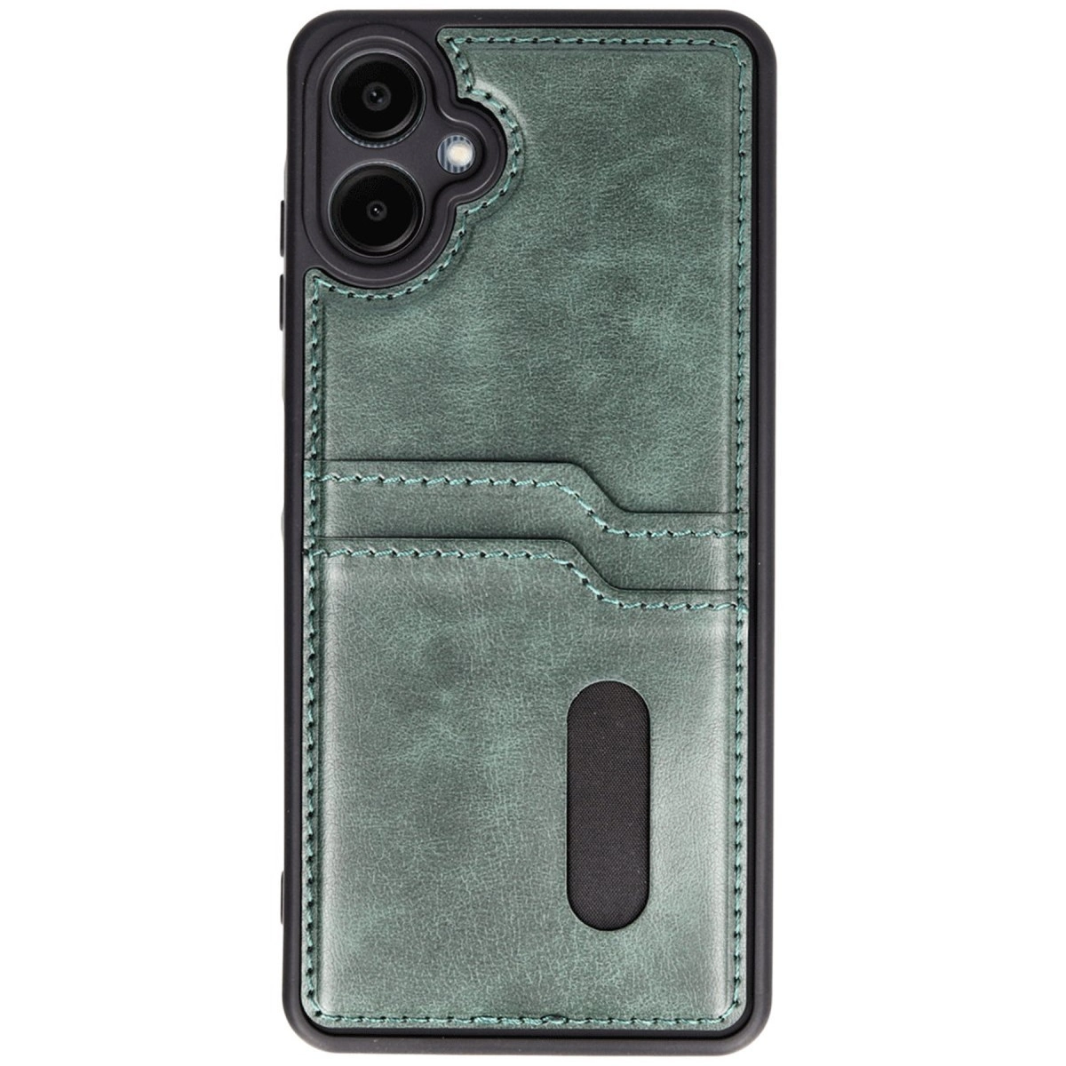 Arkada kart yuvaları ve iki kamera lensi bulunan yeşil telefon kılıfı.