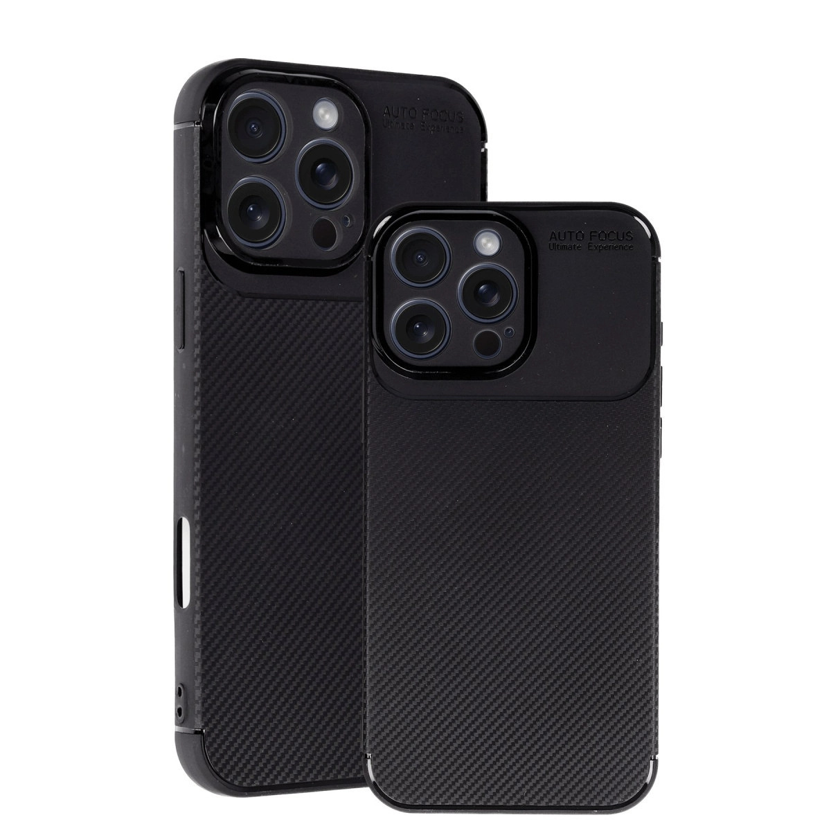 Karbon desenli ve kamera lensli iki siyah telefon kılıfı.