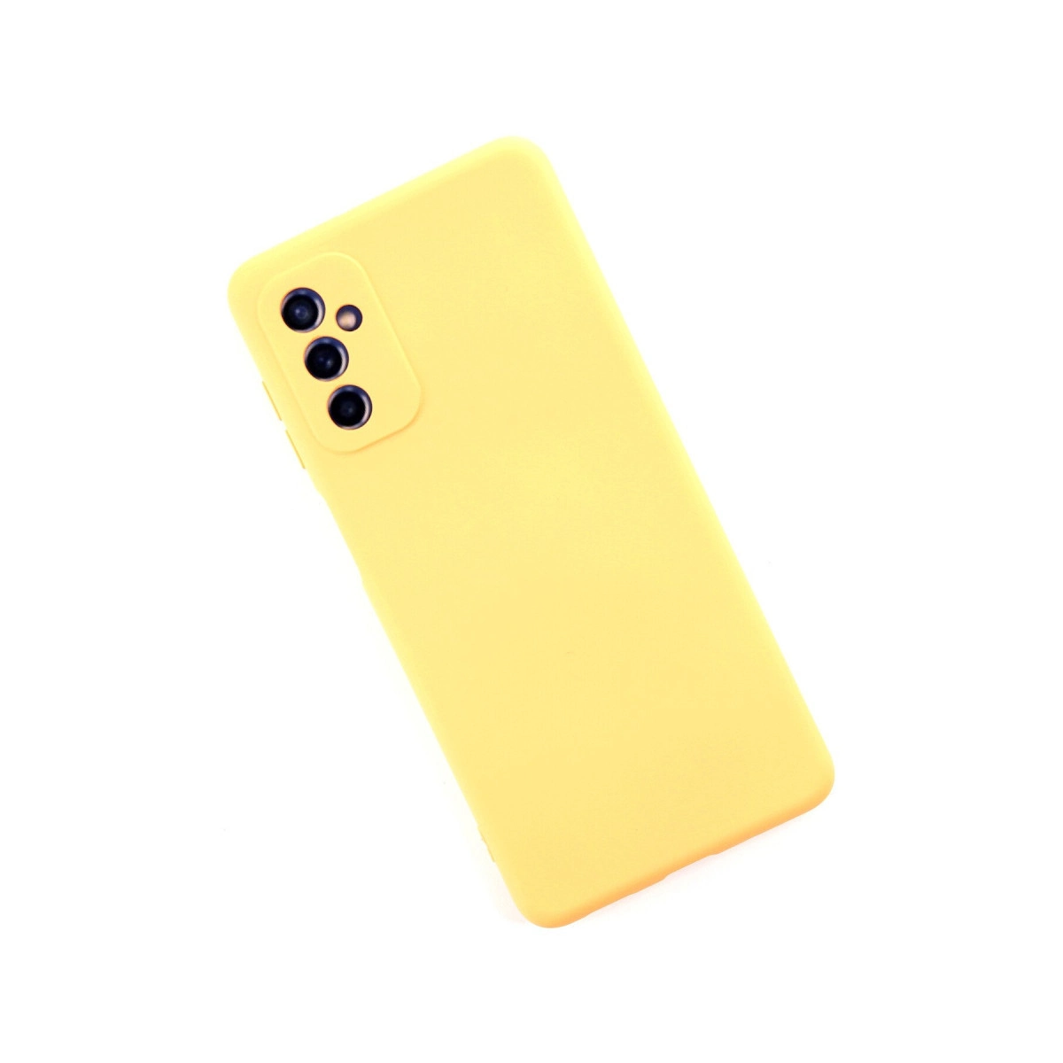 Arkada üç kamera lensli sarı telefon kılıfı, beyaz arka plan üzerinde.