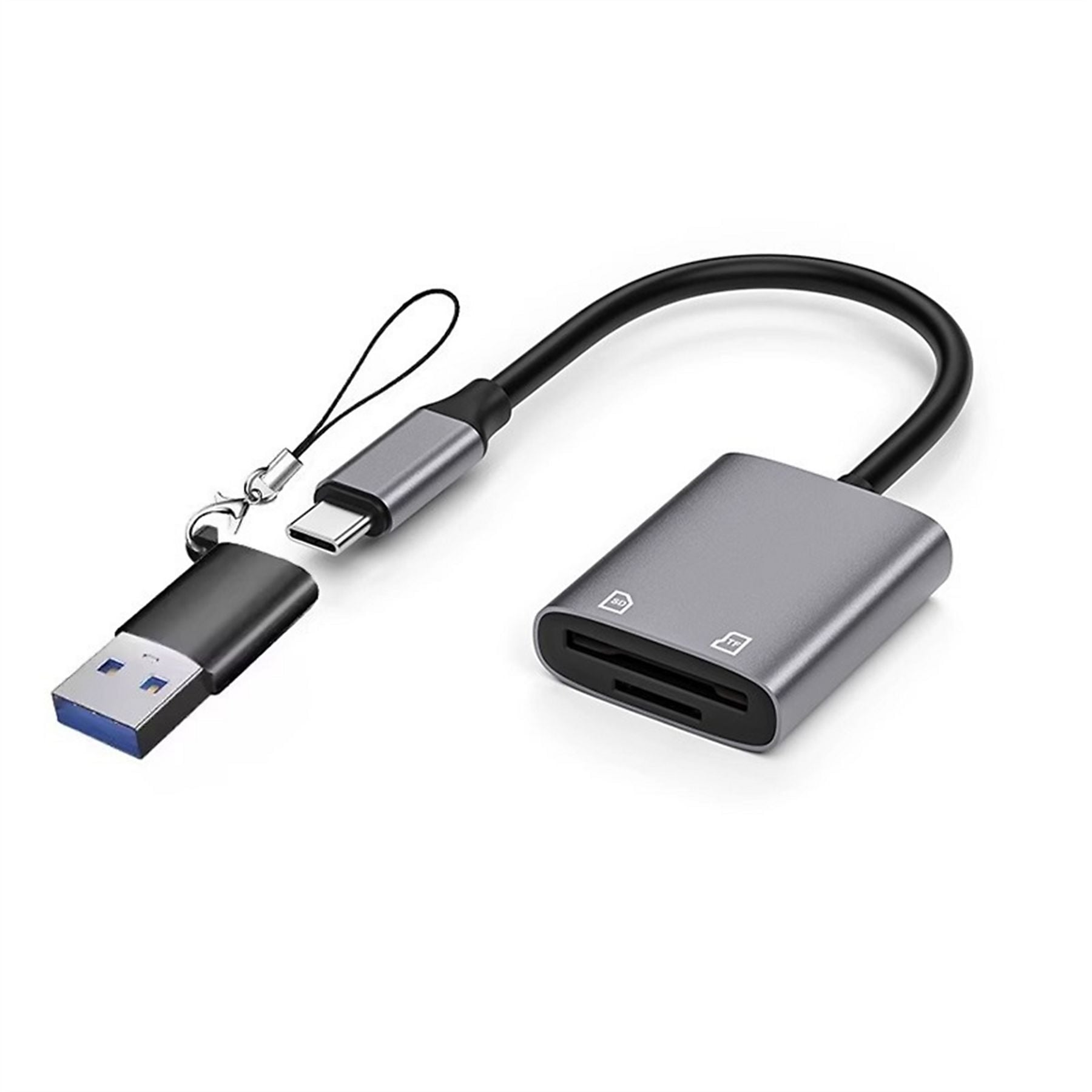 Grauer USB-C Kartenleser mit abnehmbarem USB-A-Stecker und Schlaufe.