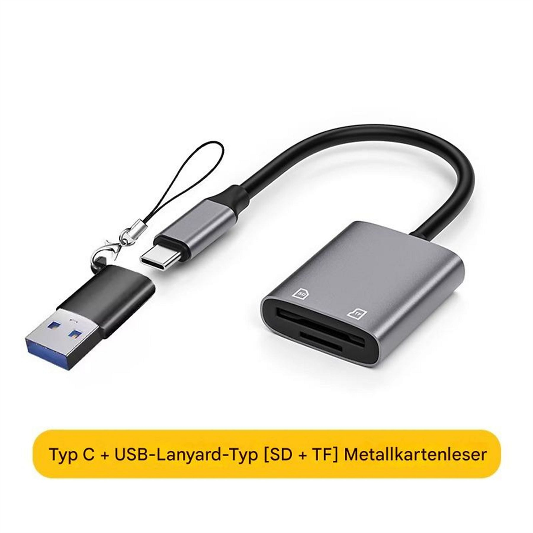 Ein grauer USB-C-Kartenleser mit SD- und TF-Steckplätzen und einem USB-A-Stecker.