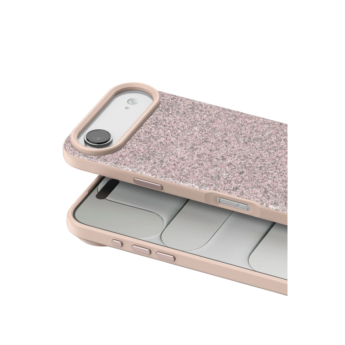 Pembe simli telefon kılıfı, kamera açıklığı ve düğmeleri bulunur.