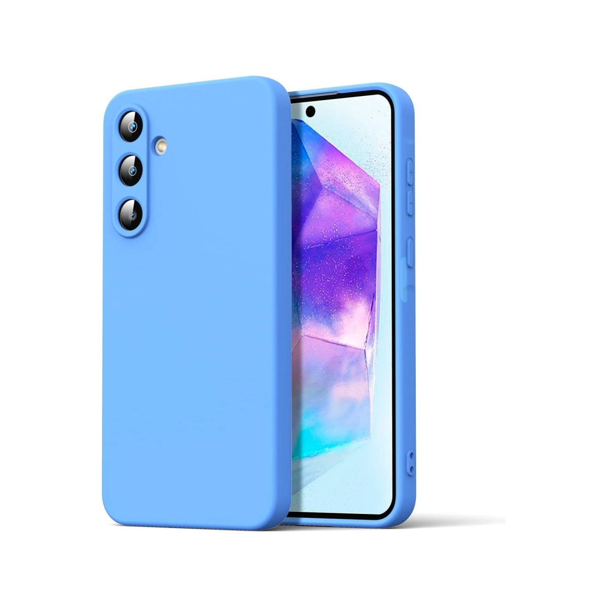 Üç kameralı açık mavi telefon kılıfı bir akıllı telefonun yanında duruyor.