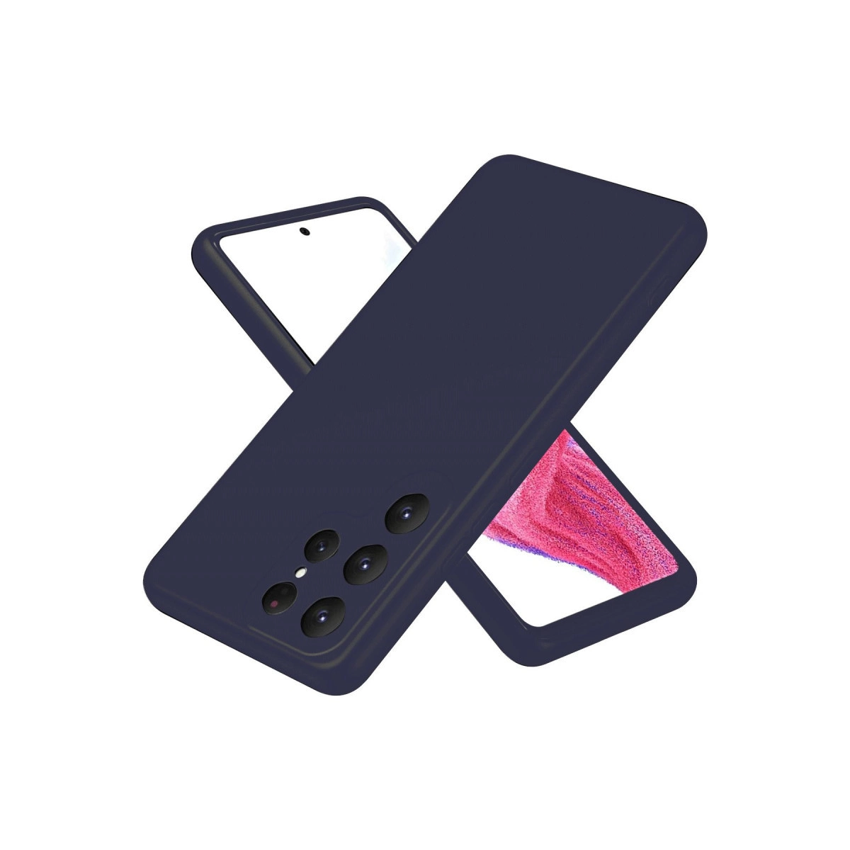 Dört kameralı lacivert telefon kılıfı beyaz arka planda.