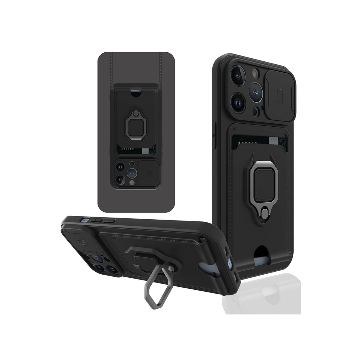 Kart tutuculu, halkalı ve kamera kapaklı siyah telefon kılıfı.