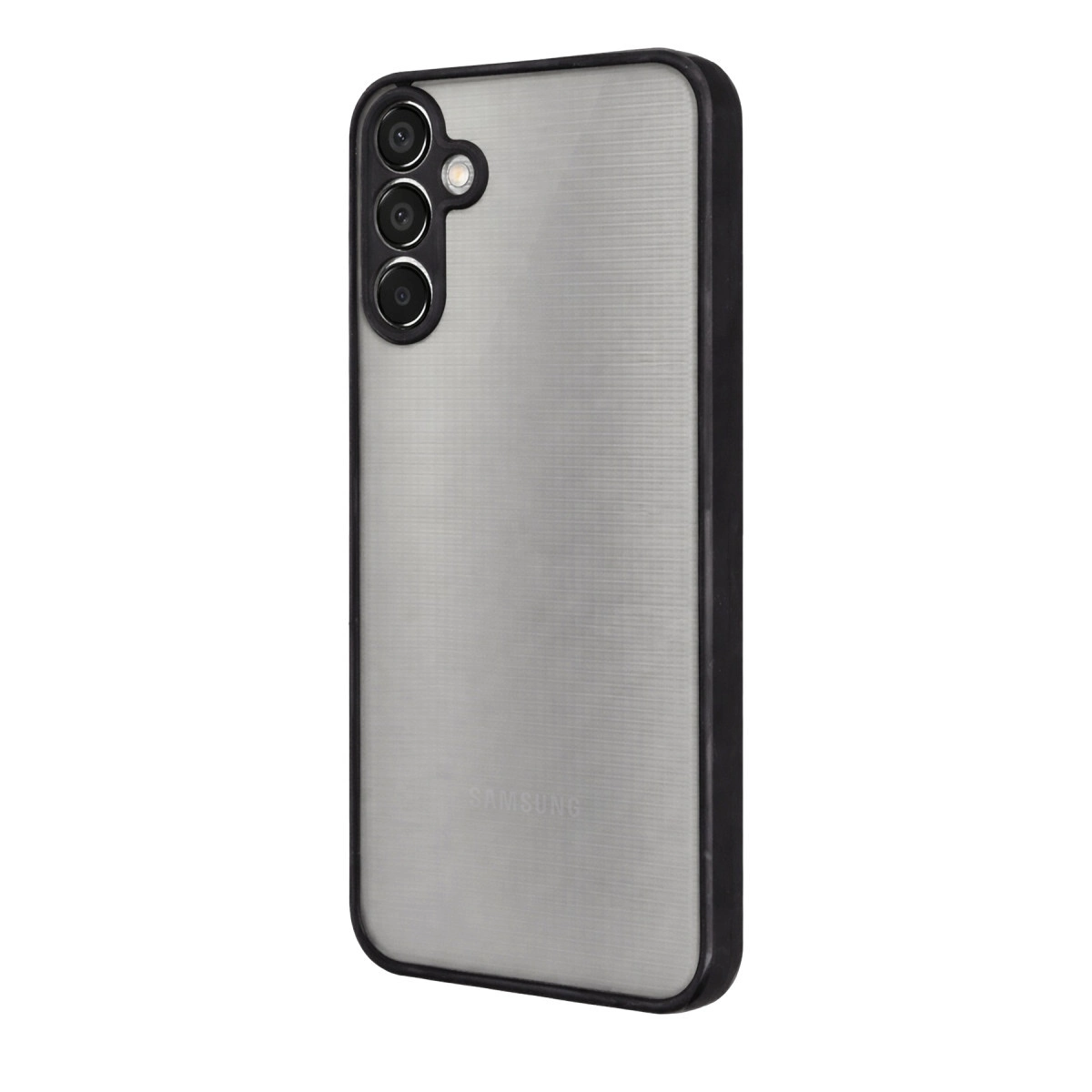 Üç kamera lensli ve siyah çerçeveli gri Samsung telefon.