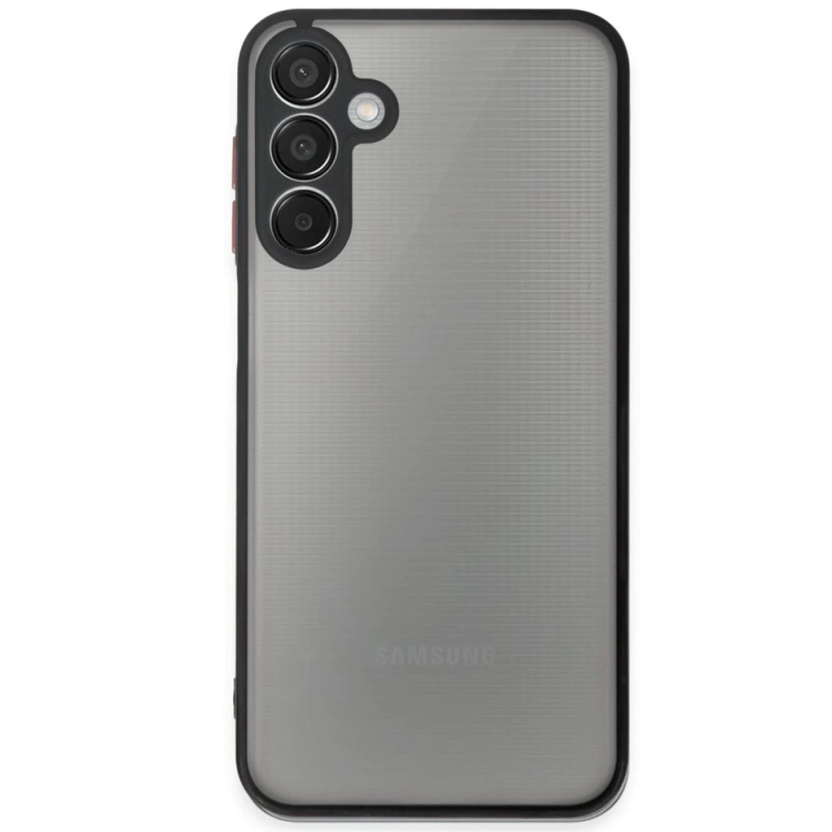 Üçlü kameraya ve nervürlü desene sahip gri Samsung telefonun arkası.