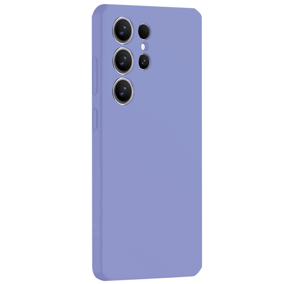 Açık mor telefon kılıfı, beyaz arka plan üzerinde kamera kesik desenli.