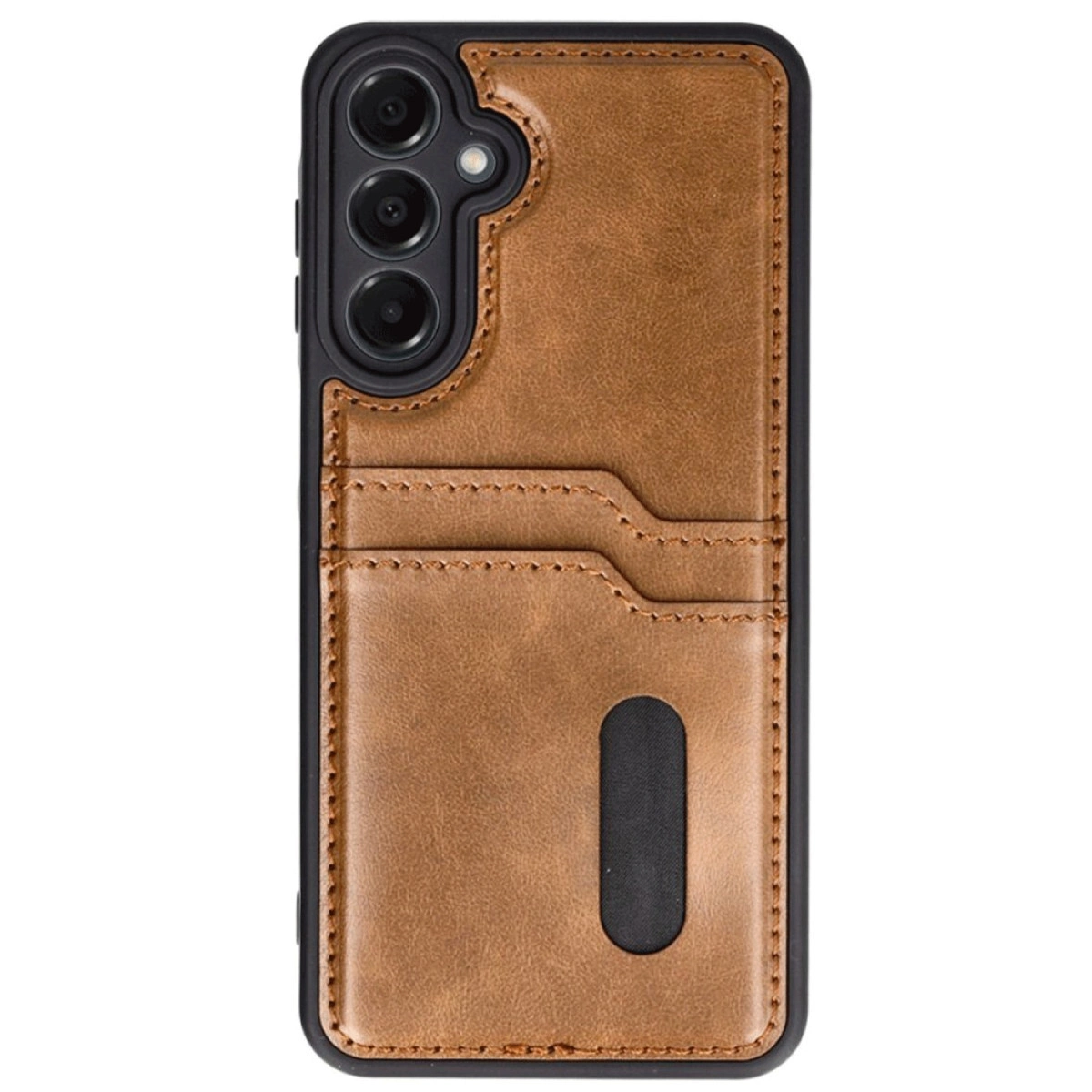 Kart yuvalı ve kamera kesimli kahverengi deri telefon kılıfı.