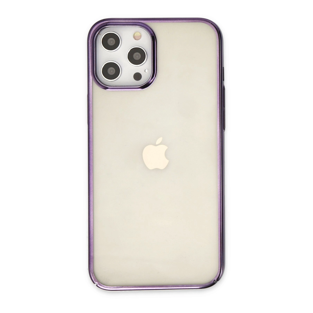 Mor kenarlı, şeffaf iPhone'un arka yüzü ve üç kamera lensi.