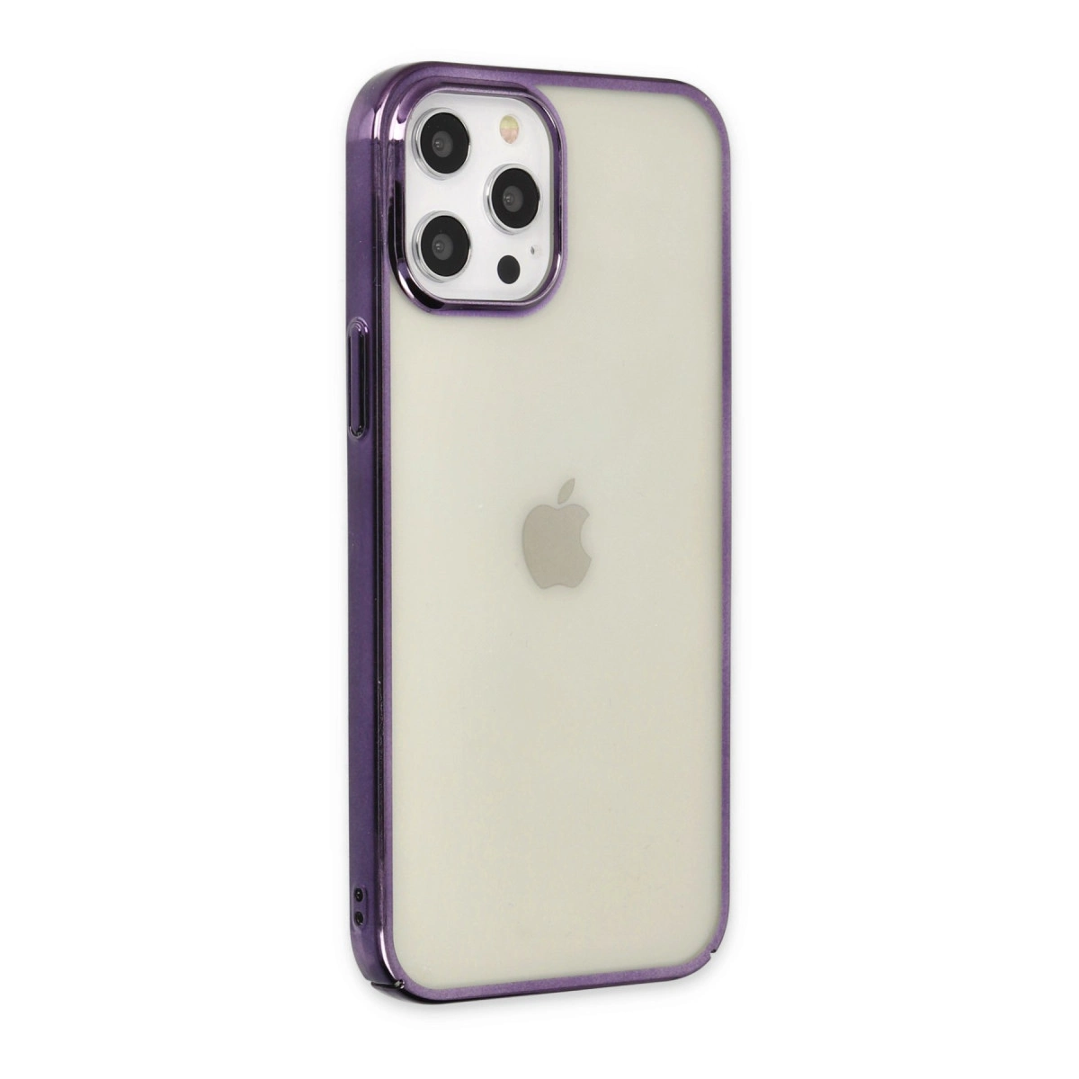 Üç kamera lensli ve Apple logosu bulunan mor iPhone kılıfı, beyaz arka plan.