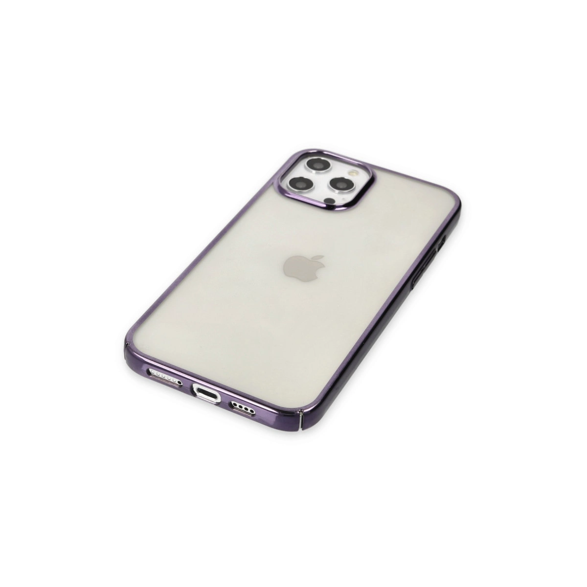 Mor çerçeveli şeffaf iPhone beyaz zeminde duruyor.