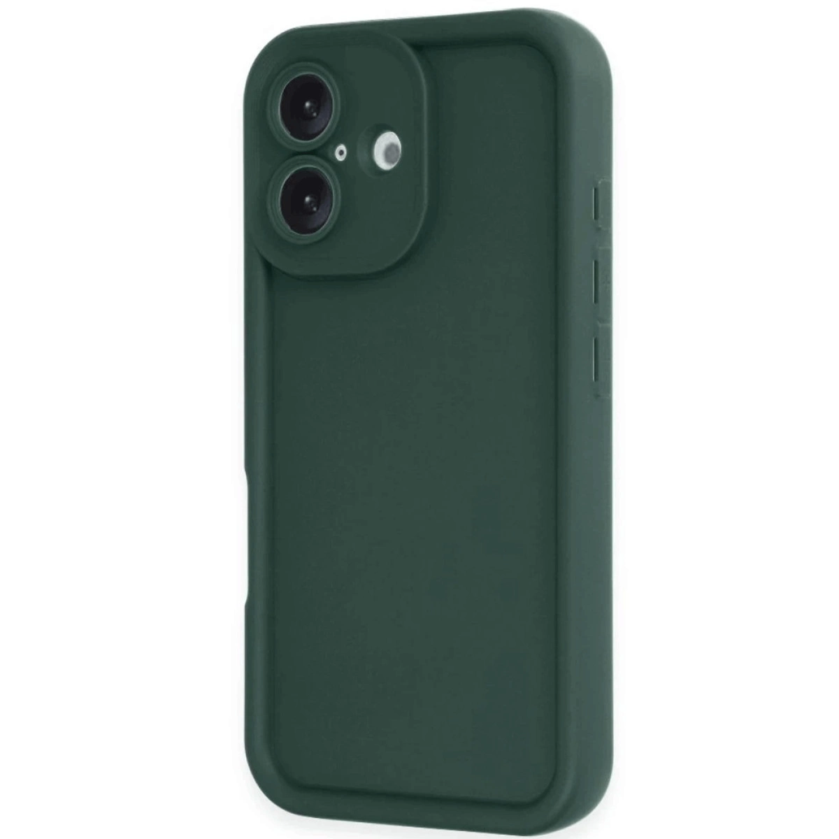 İki kamera lensi ve flaşlı koyu yeşil telefon kılıfı.