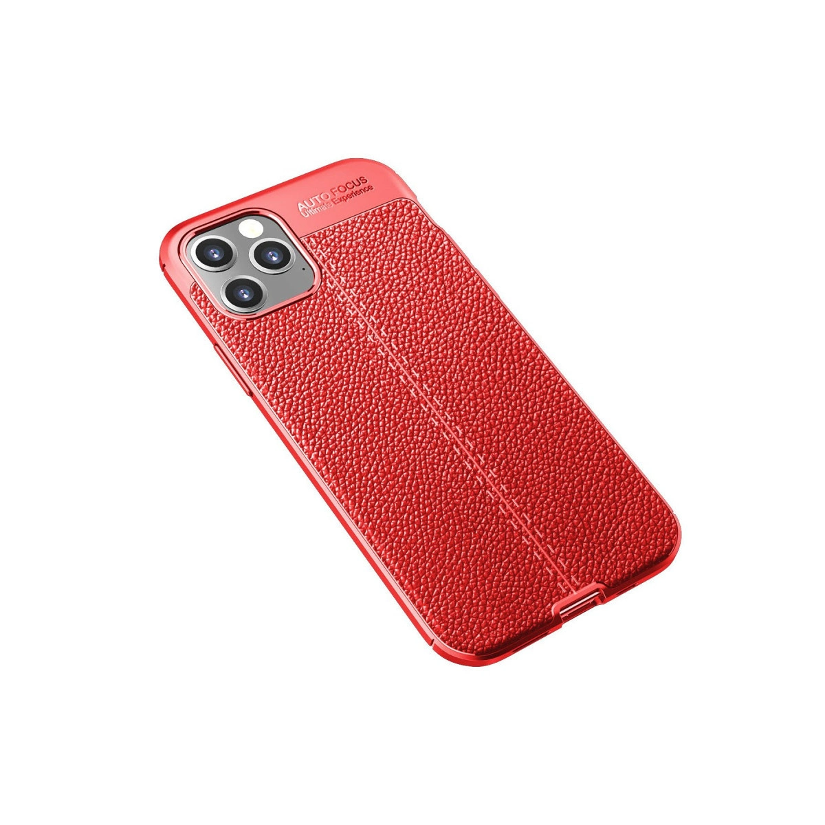 Kırmızı, deri dokulu telefon kılıfı, kamera kesimli, beyaz zeminde.