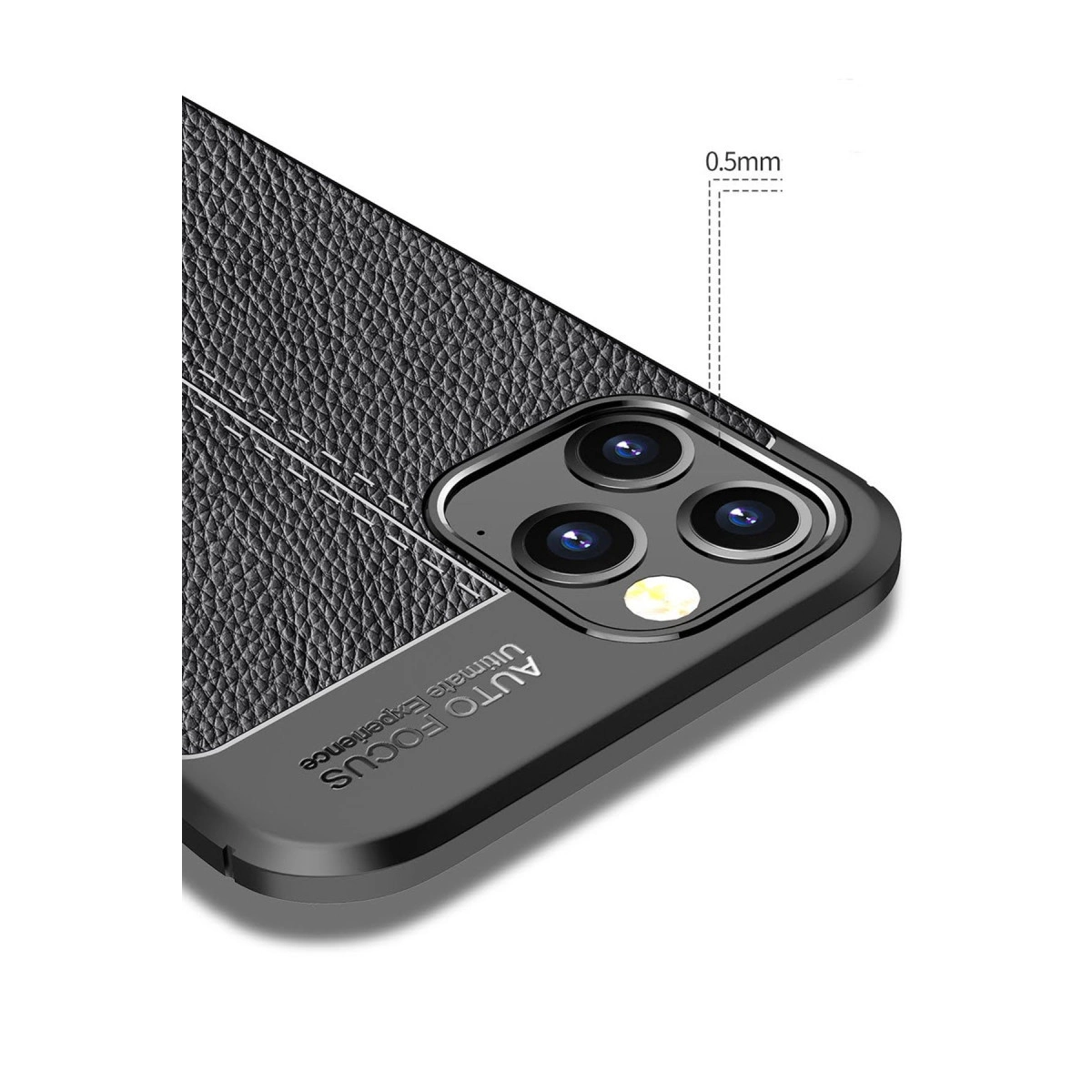 Siyah dokulu telefon kılıfı, üçlü kamera, 0,5 mm kalınlık.