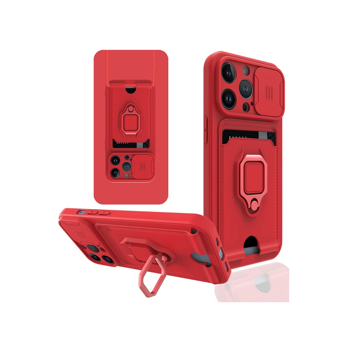 Kart tutuculu, halka tutuculu ve kamera kapaklı kırmızı telefon kılıfı.