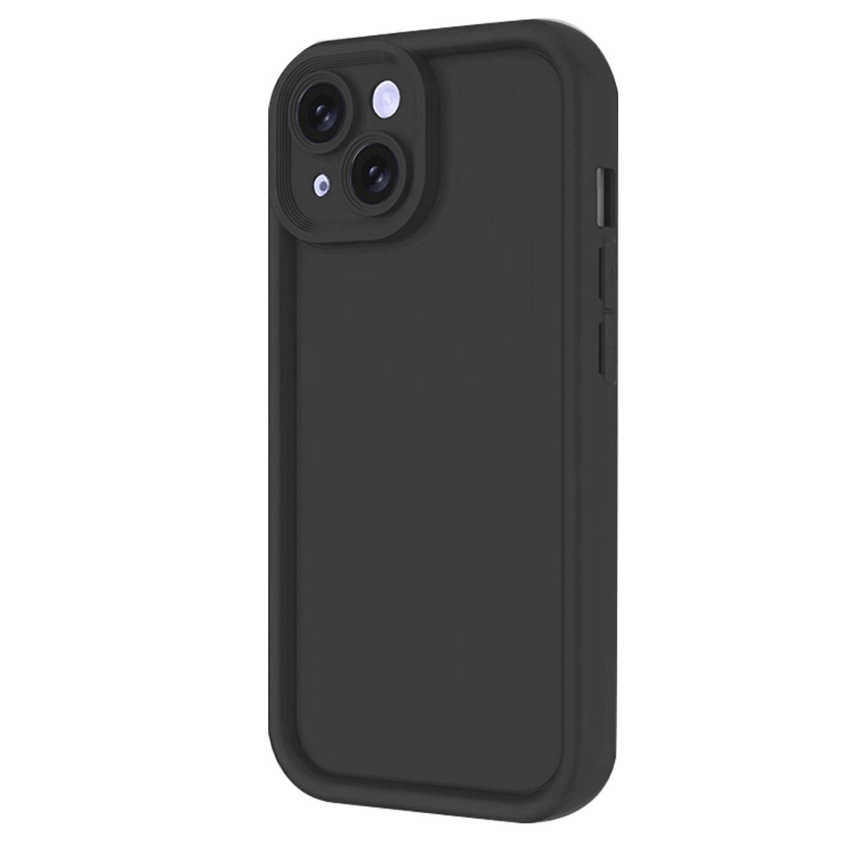 Çift kamera açıklığı ve yan düğmeleri olan siyah telefon kılıfı.