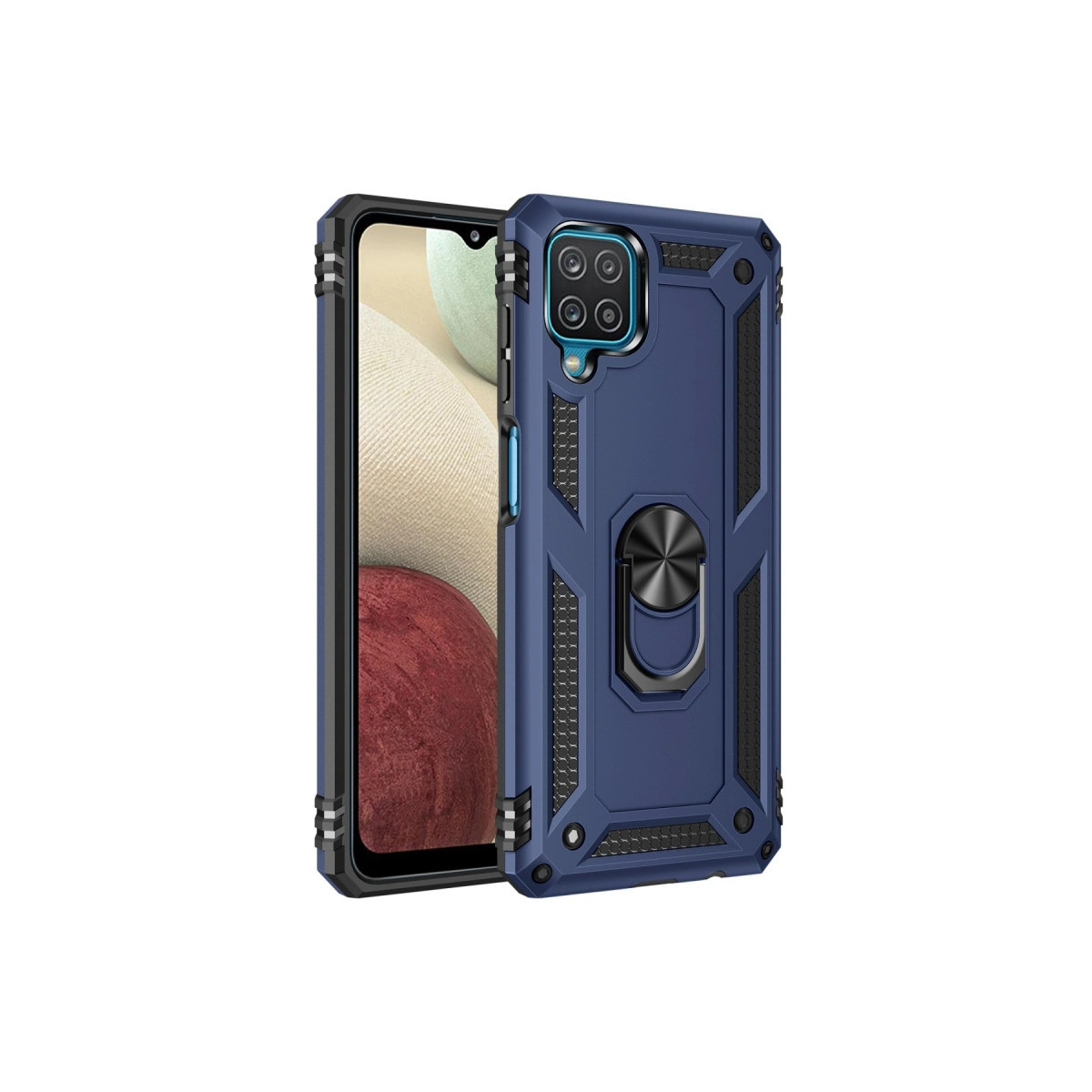 Beyaz arka plan üzerinde halka tutuculu ve dört kameralı lacivert telefon kılıfı.