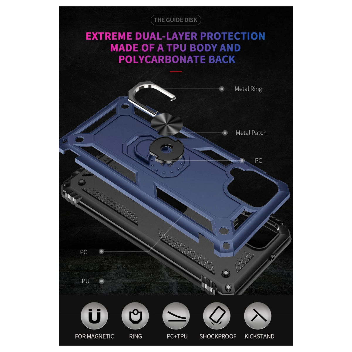 Metal halkalı ve yamalı, demonte edilmiş telefon kılıfı, koyu arka plan üzerinde.