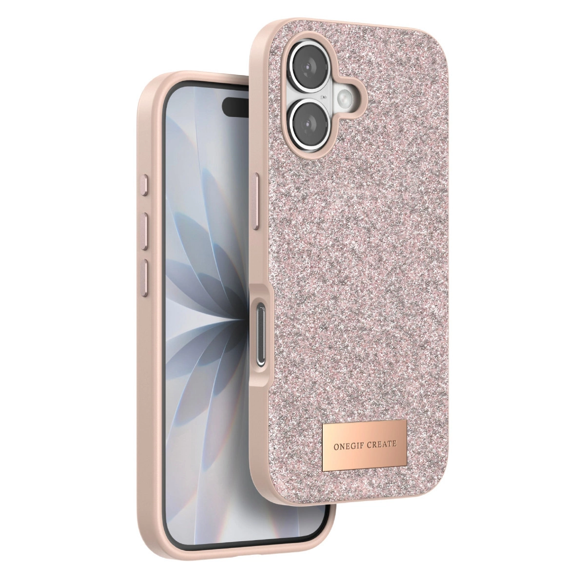 Simli kılıflı pembe telefon ve kamera modülü.