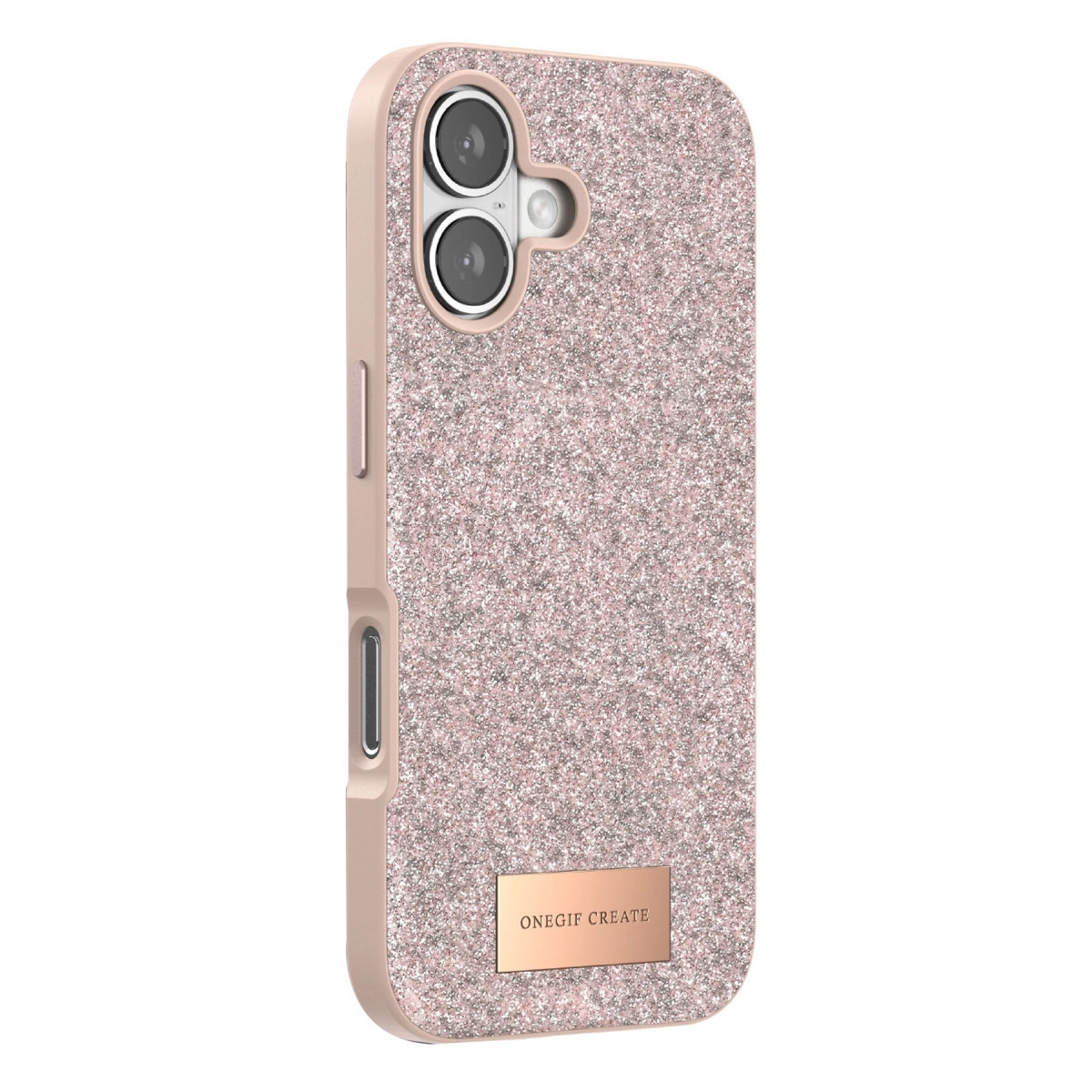 Metal plaka ve çift kamera kesimli, pembe simli telefon kılıfı.