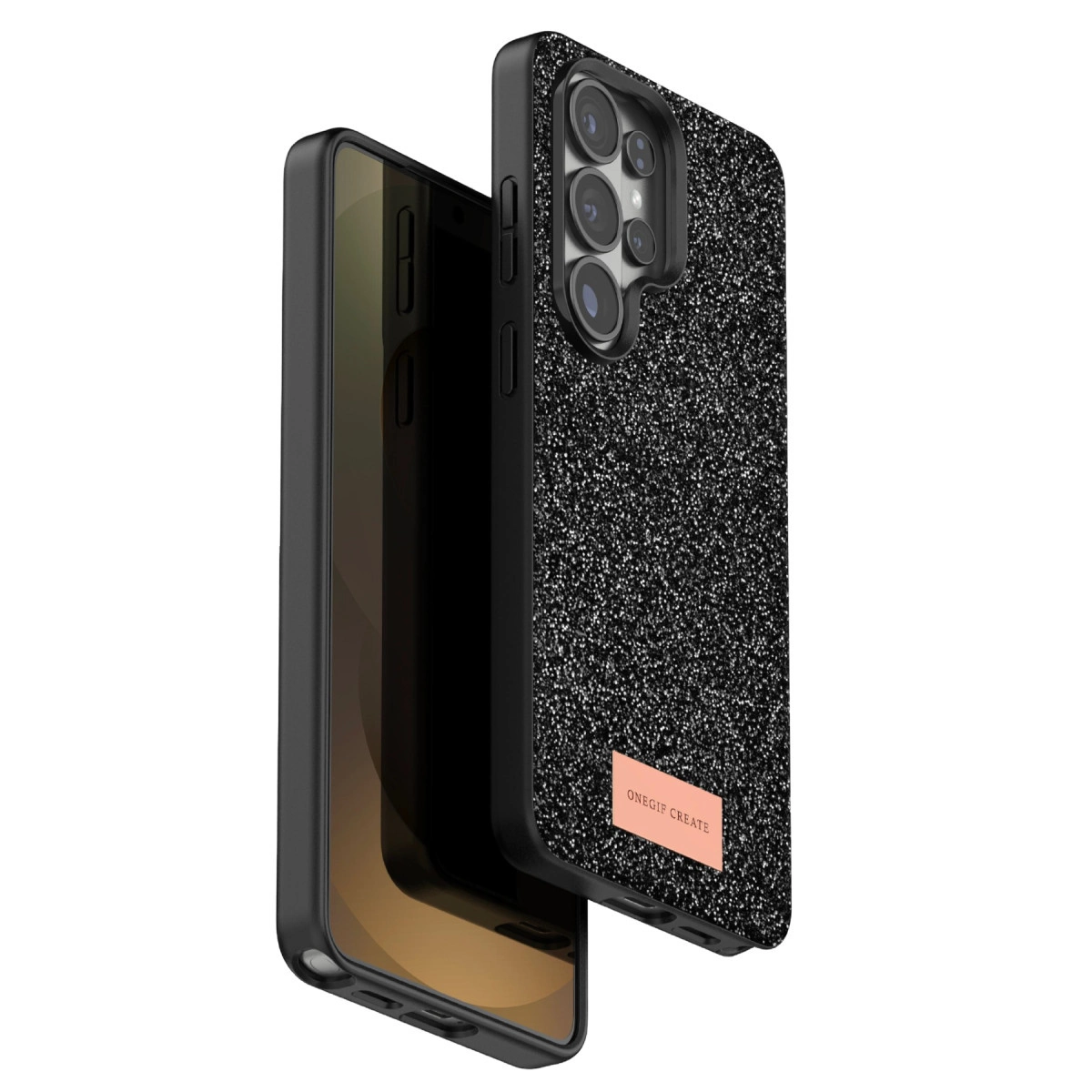 Kamera modöllü ve markalı yamalı siyah simli telefon kılıfı.