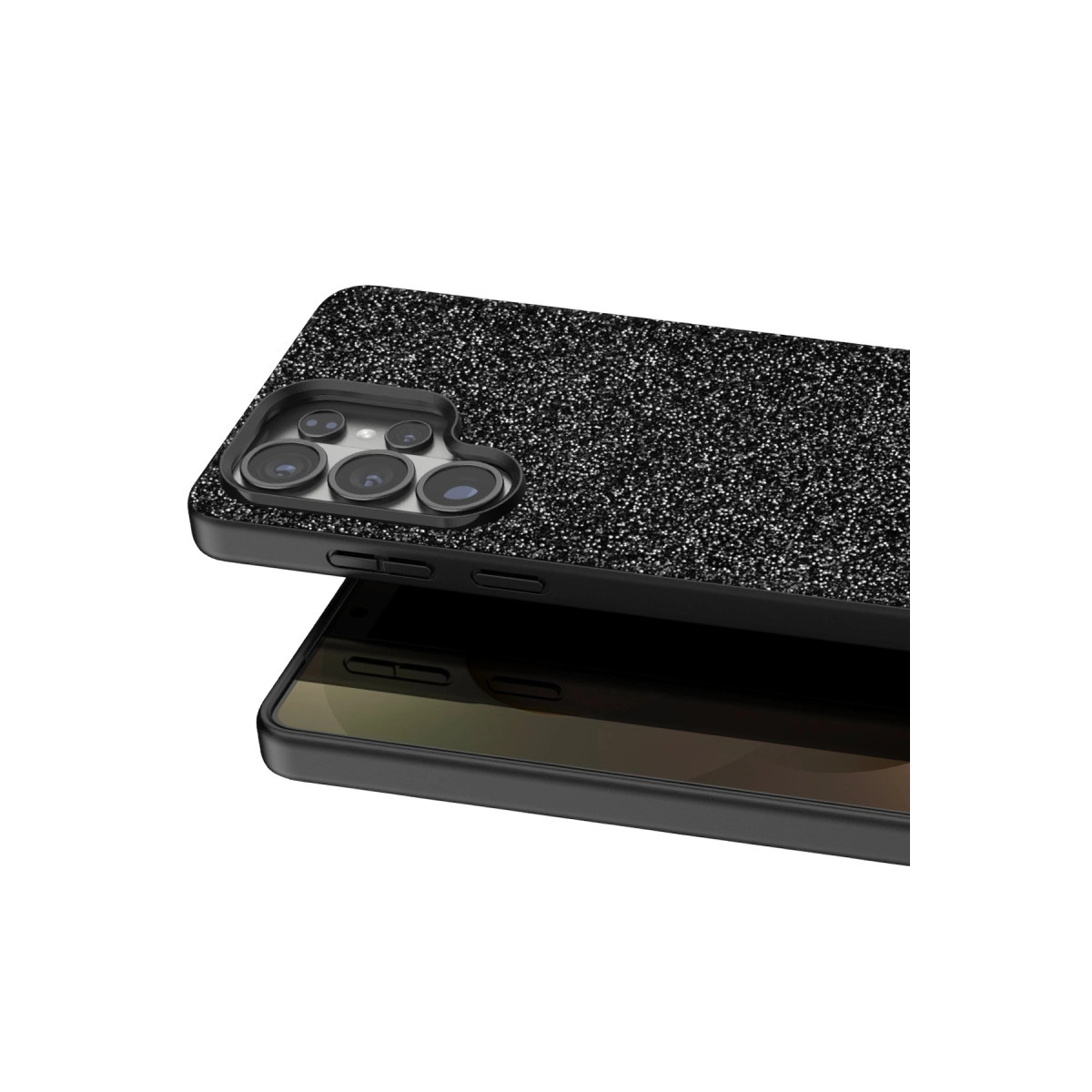 Akıllı telefonda kamera kesimli siyah simli telefon kılıfı.
