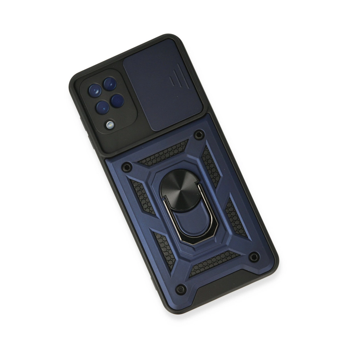 Kamera kapaklı ve halka tutuculu lacivert telefon kılıfı.