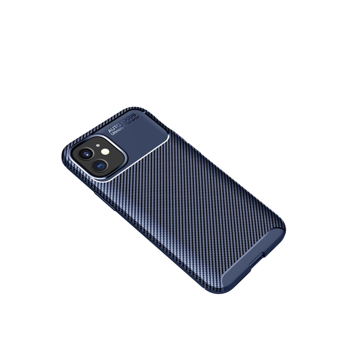 Karbon desenli ve kamera modüllü koyu mavi telefon kılıfı.