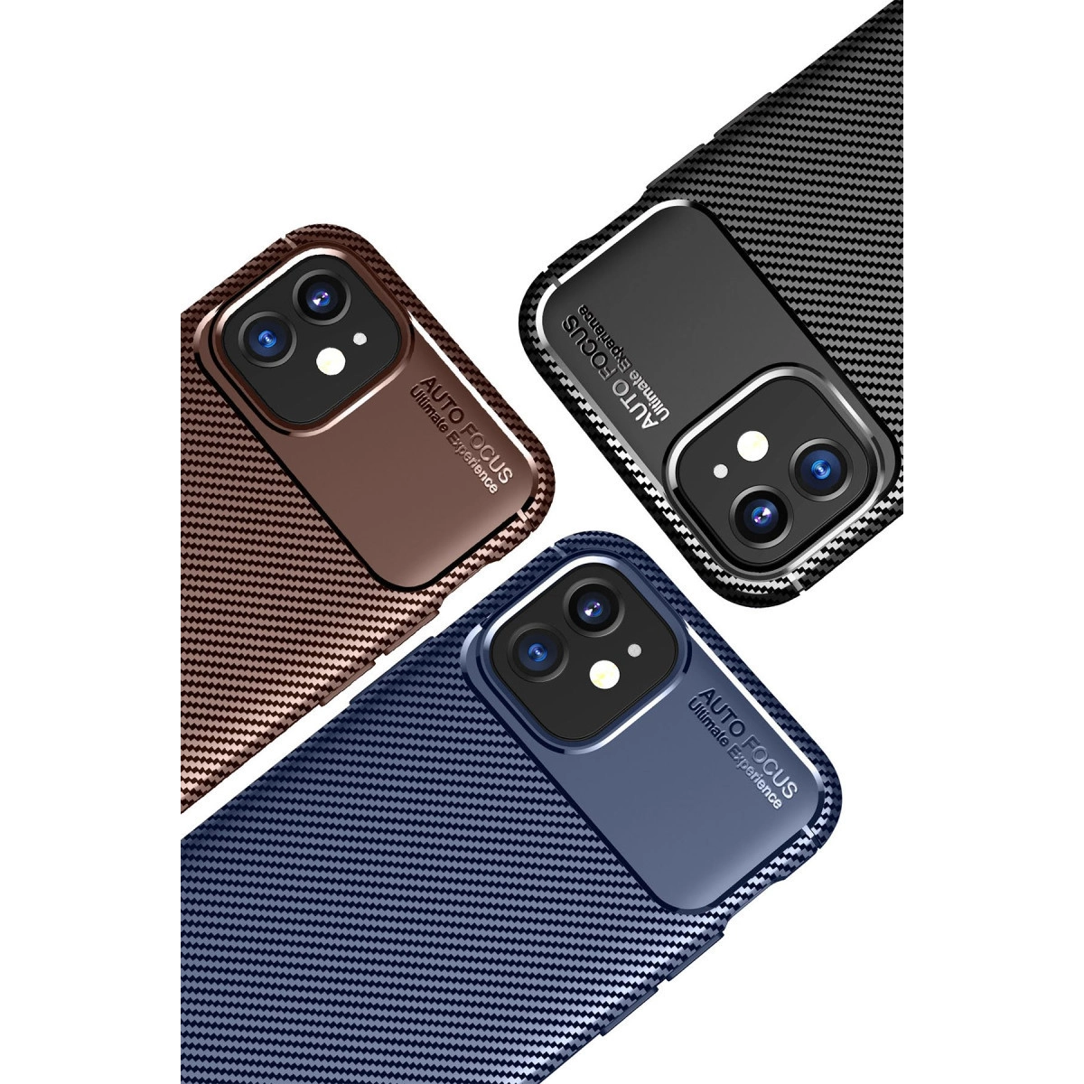 Kamera modüllü, kahverengi, siyah ve mavi üç telefon kılıfı.