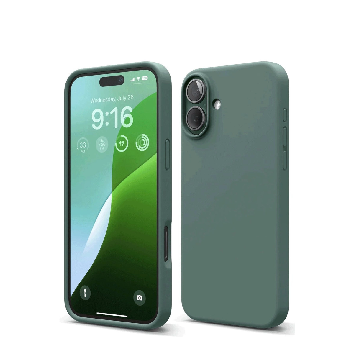 Yan yana iki yeşil telefon kılıfı. Biri ekranı, diğeri arkasını gösteriyor.