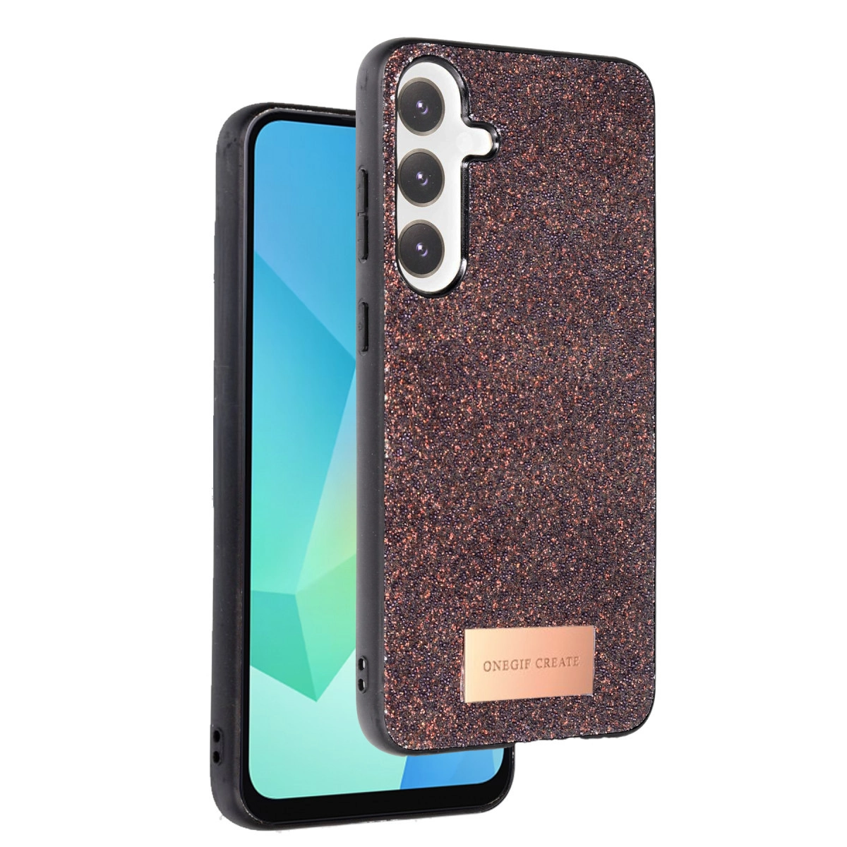 Akıllı telefonda kahverengi simli, kamera modüllü telefon kılıfı.