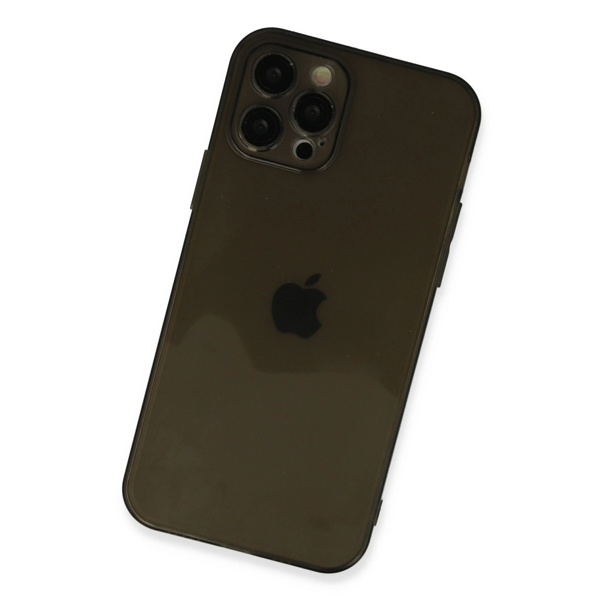 Apple logosu ve üç arka kameraya sahip koyu renk akıllı telefon.