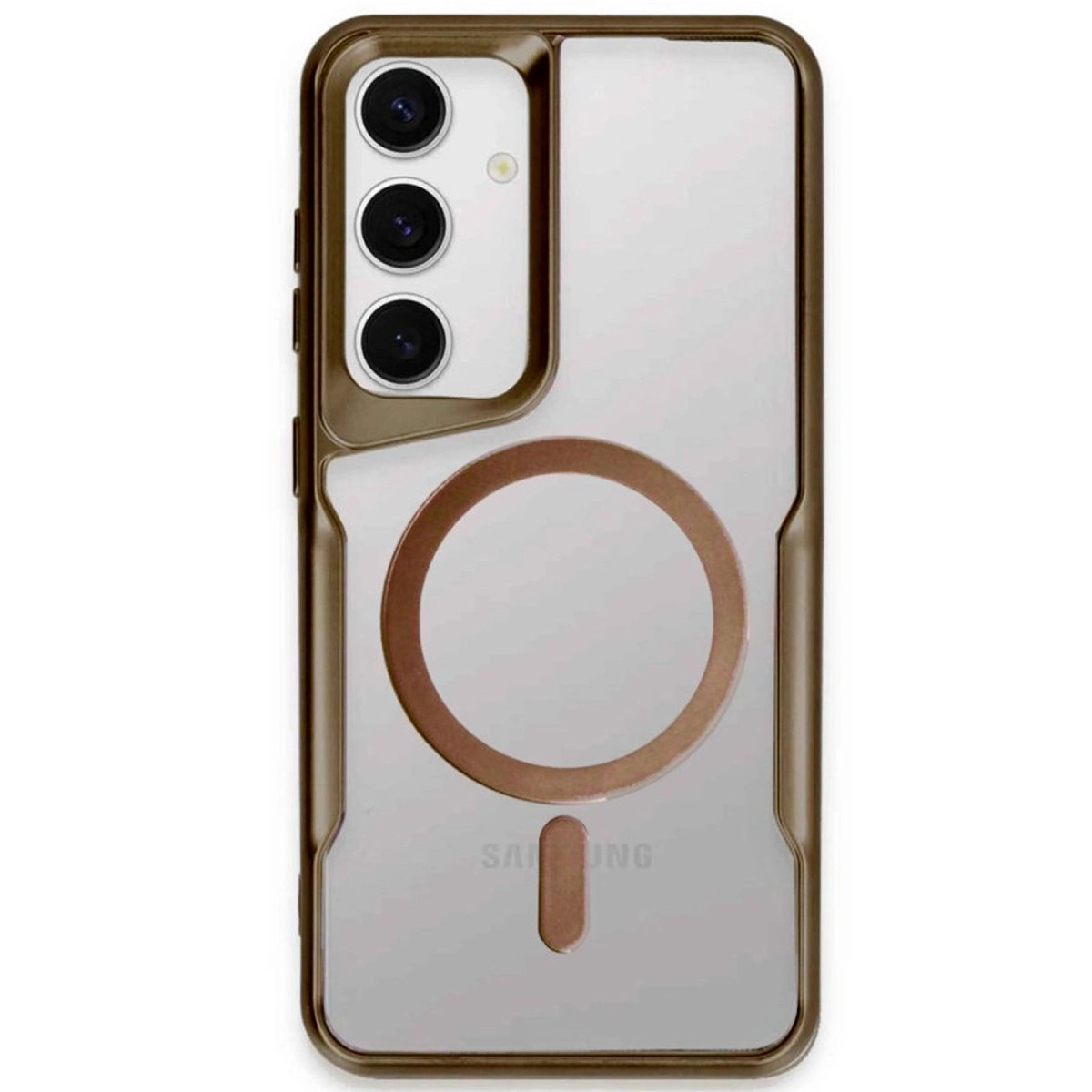Kahverengi kenarlı ve manyetik halkalı şeffaf telefon kılıfı.