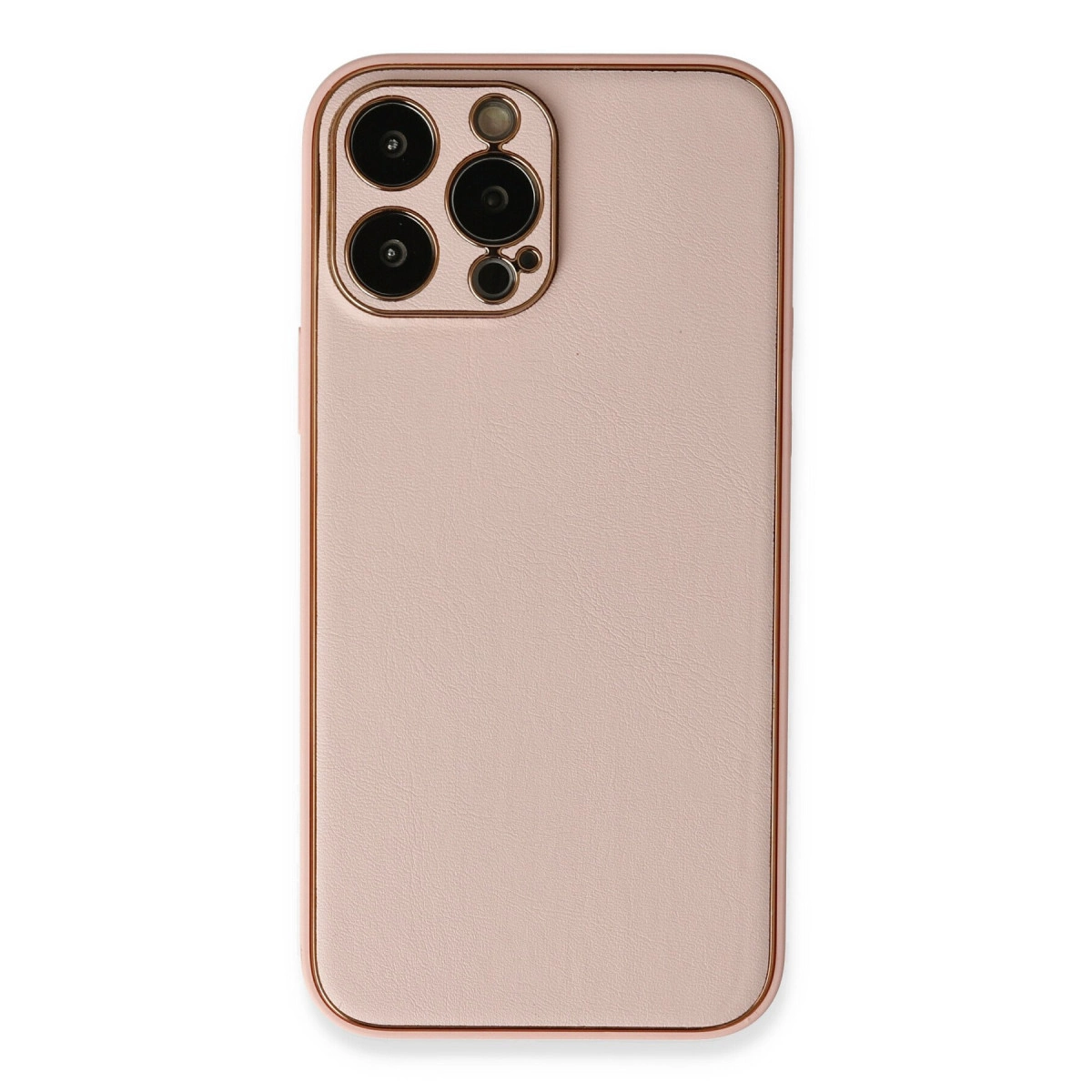 Altın çerçeveli dört kamera lensli pembe telefon kılıfı.
