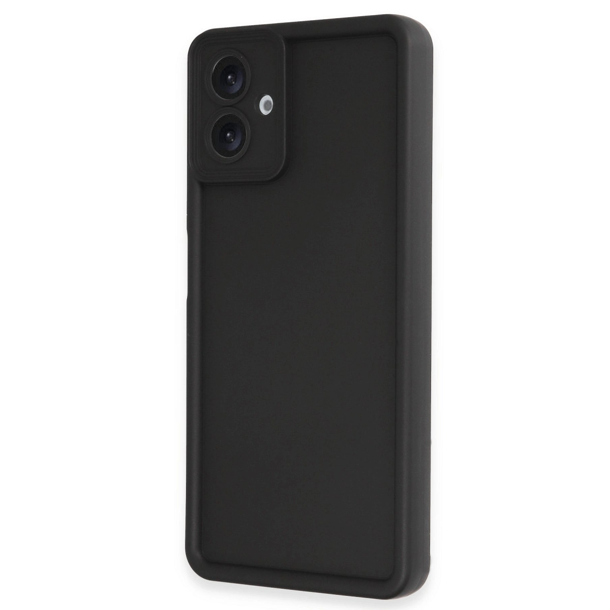 Arkada iki kamera lensi ve flaşı olan siyah telefon kılıfı.